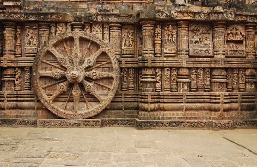 A stone wheel engraved in the walls of the Konark sun temple.