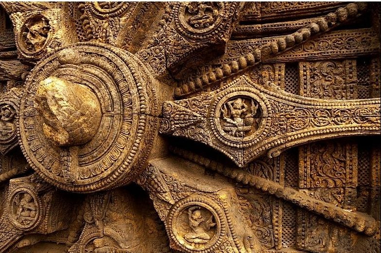 Close view of Konark Sun temple chariot wheel.