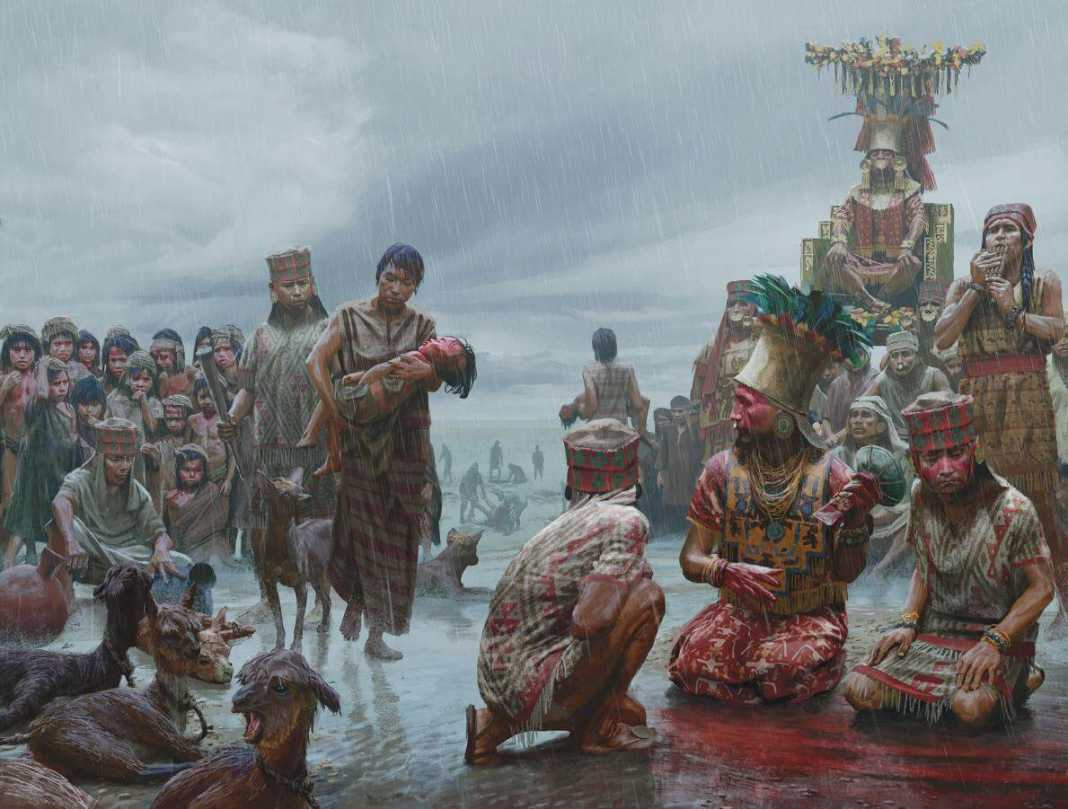 A Chimú executioner awaits a young victim in an artist’s reconstruction of the mass sacrifice at Huanchaquito.