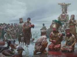 A Chimú executioner awaits a young victim in an artist’s reconstruction of the mass sacrifice at Huanchaquito.