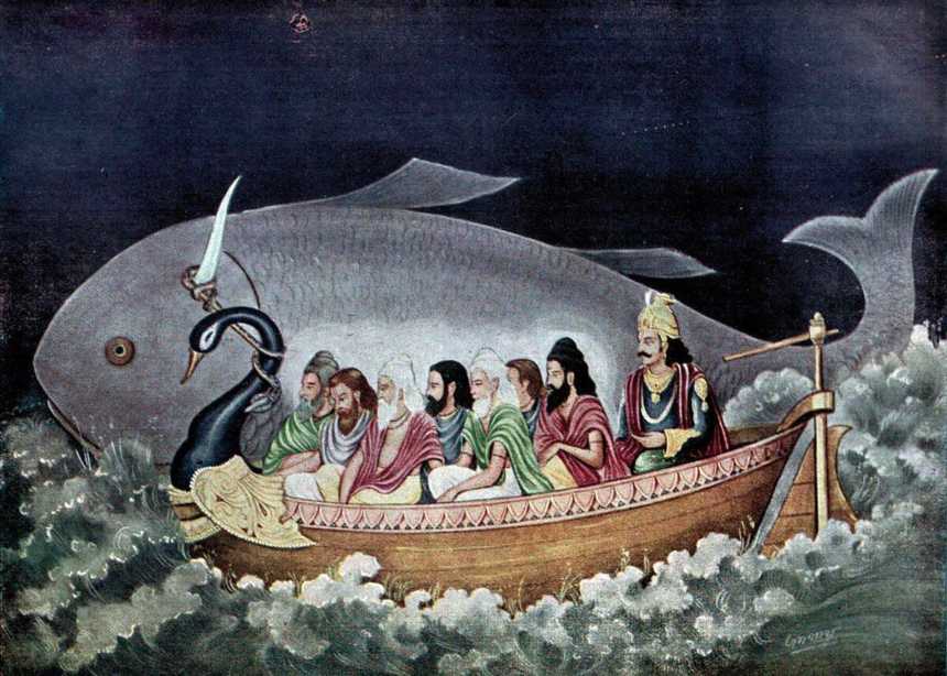 atsya pulls a boat carrying Manu and Saptarishi during Pralaya
