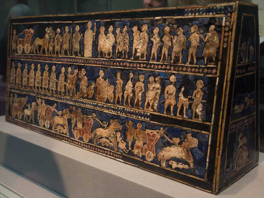 Standard of Ur; 2600-2400 BC; shell, red limestone and lapis lazuli on wood; length: 49.5 cm; from the Royal Cemetery at Ur;