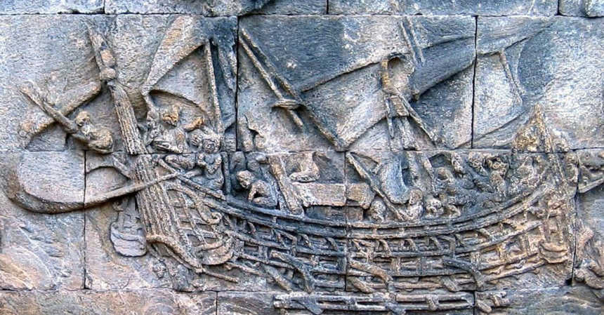 This relief depicts an ancient Indian ship likely to have been used by Indian adventurers sailing to Java, Indonesia.