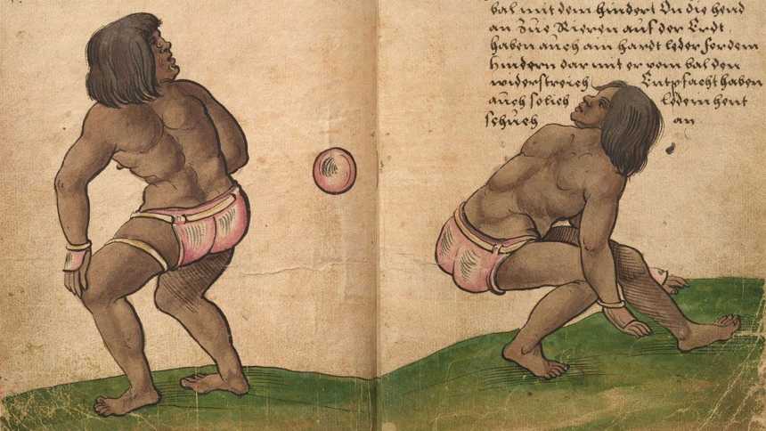 Athletes hit a rubber ball with their hips in a version of Mesoamerica’s famous ball game, shown here in a colonial illustration.