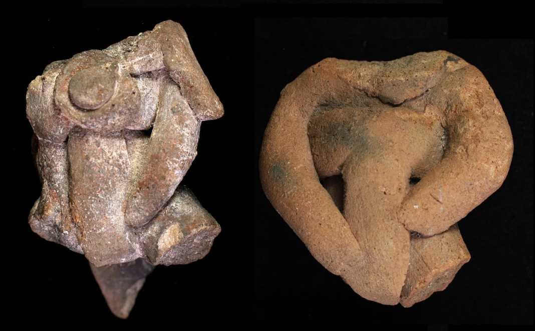 Ceramic ballplayer figurines (both broken) found above the ballcourt. Both figurines feature thick belts, called yokes, with a loincloth, while the figure on the left has an additional collar element.