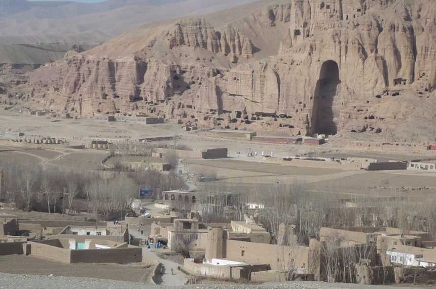 View of the rock where monasteries and Buddhas are carvedin Afghanistan