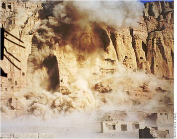 Image of explosive destruction of Bamyan buddhas by the Taliban, March 21, 2001.