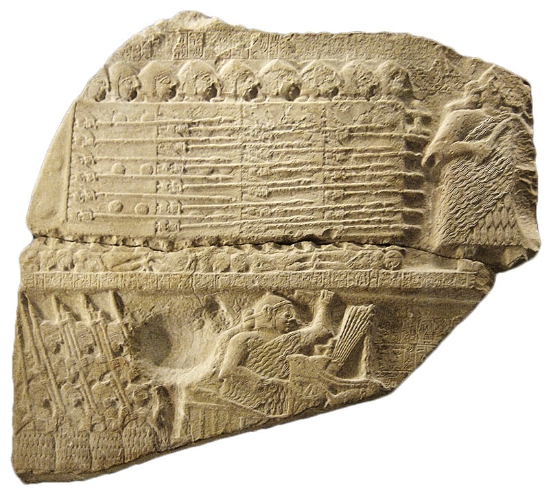 Phalanx battle formations led by Sumerian king Eannatum, on a fragment of the Stele of the Vultures