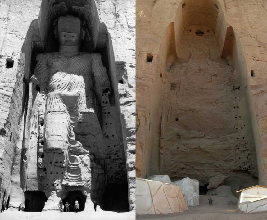 Taller Buddha in 1963 and in 2008 after destruction