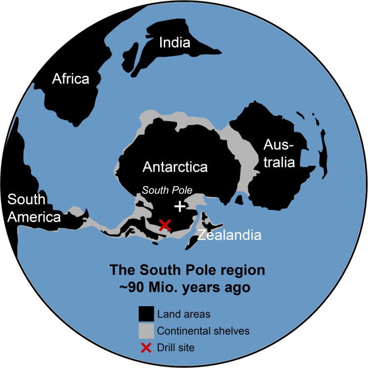 This map shows how the continents were arranged 90 million years ago. A red X marks the drill site.