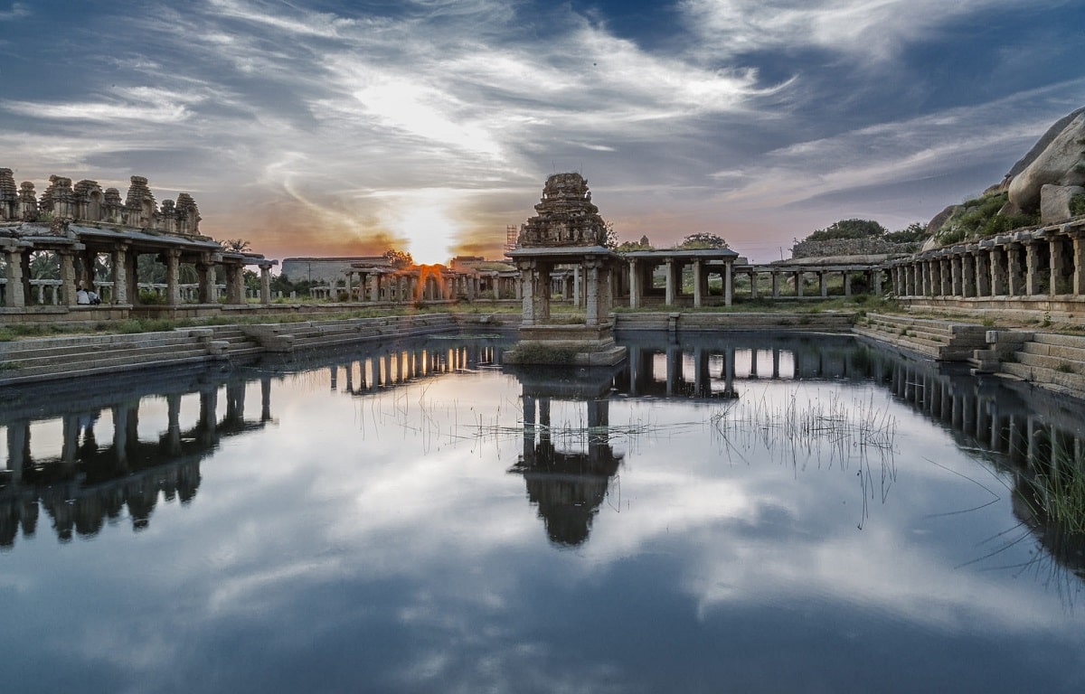 Market place at Hampi and the sacred tank located near the Krishna temple.