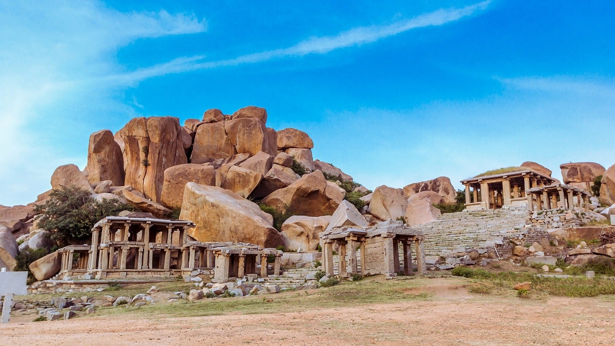 Magnificent rock structure at the foot of Matunga Hill, Hampi, Karnataka, India